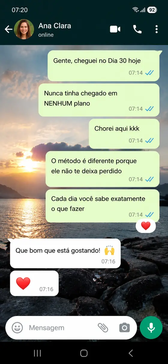 Mensagem de WhatsApp de Ana Clara contando que chegou ao Dia 30 e que o método não a deixou perdida