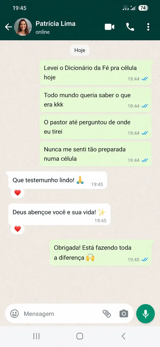 Mensagem de WhatsApp de Patrícia Lima contando que levou o Dicionário da Fé para a célula