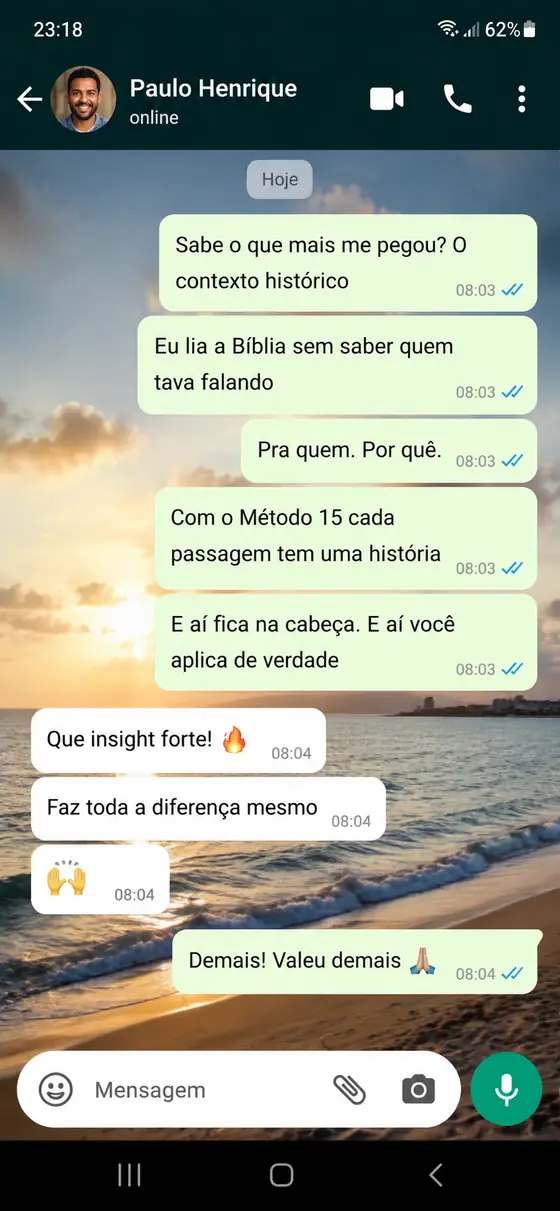Mensagem de WhatsApp de Paulo Henrique contando que agora entende o contexto histórico da Bíblia